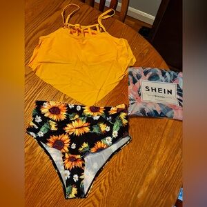New SHEIN Yellow Top with Sunflower Print Bottom Bikini Set Med